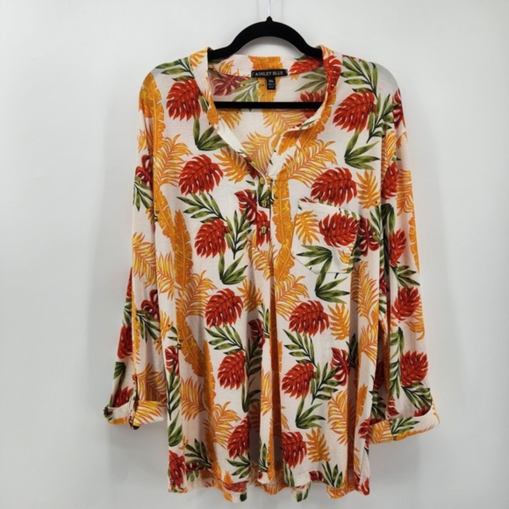Ashley Blue 3XL Tropical Floral Print Top Button Up Long Sleeve‎ Blouse